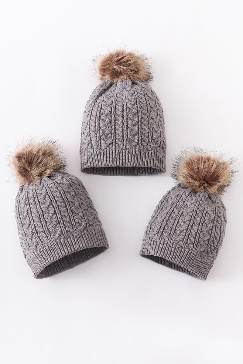 Grey cable knit pom pom beanie hat baby toddler adult