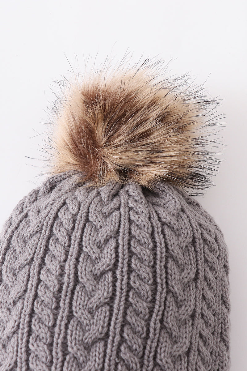 Grey cable knit pom pom beanie hat baby toddler adult