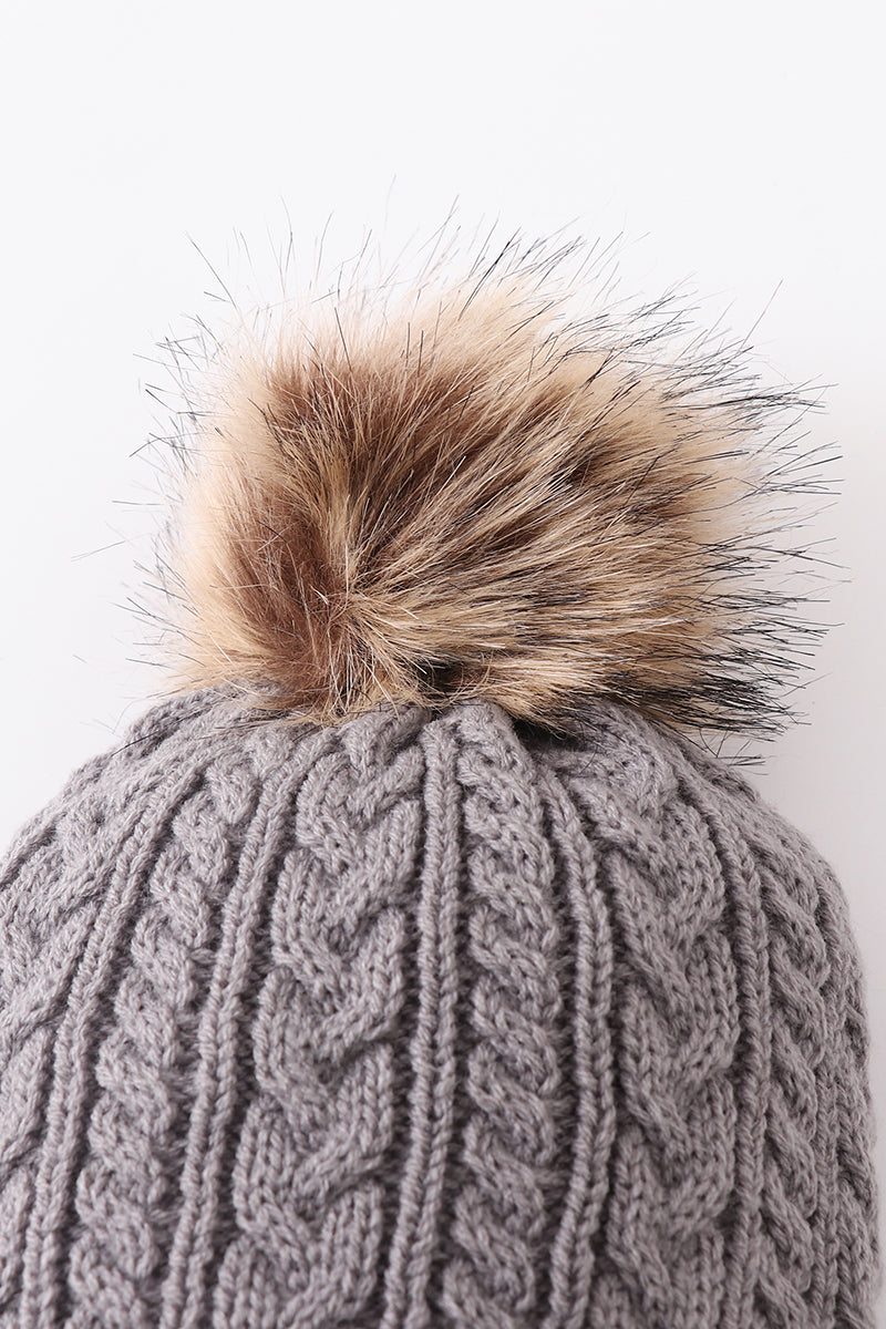Grey cable knit pom pom beanie hat baby toddler adult