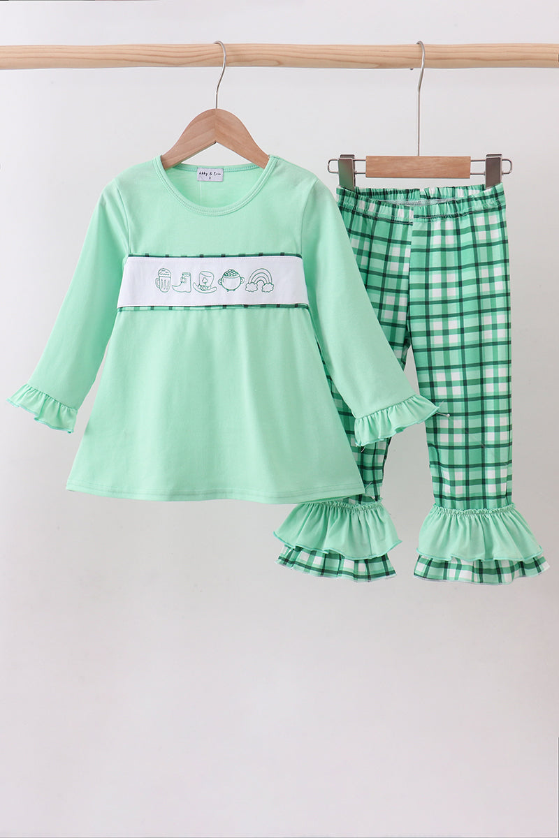 Green parade embroidery ruffle gingham pants set