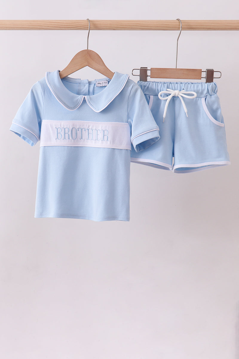 Blue brother embroidery pocket shorts set
