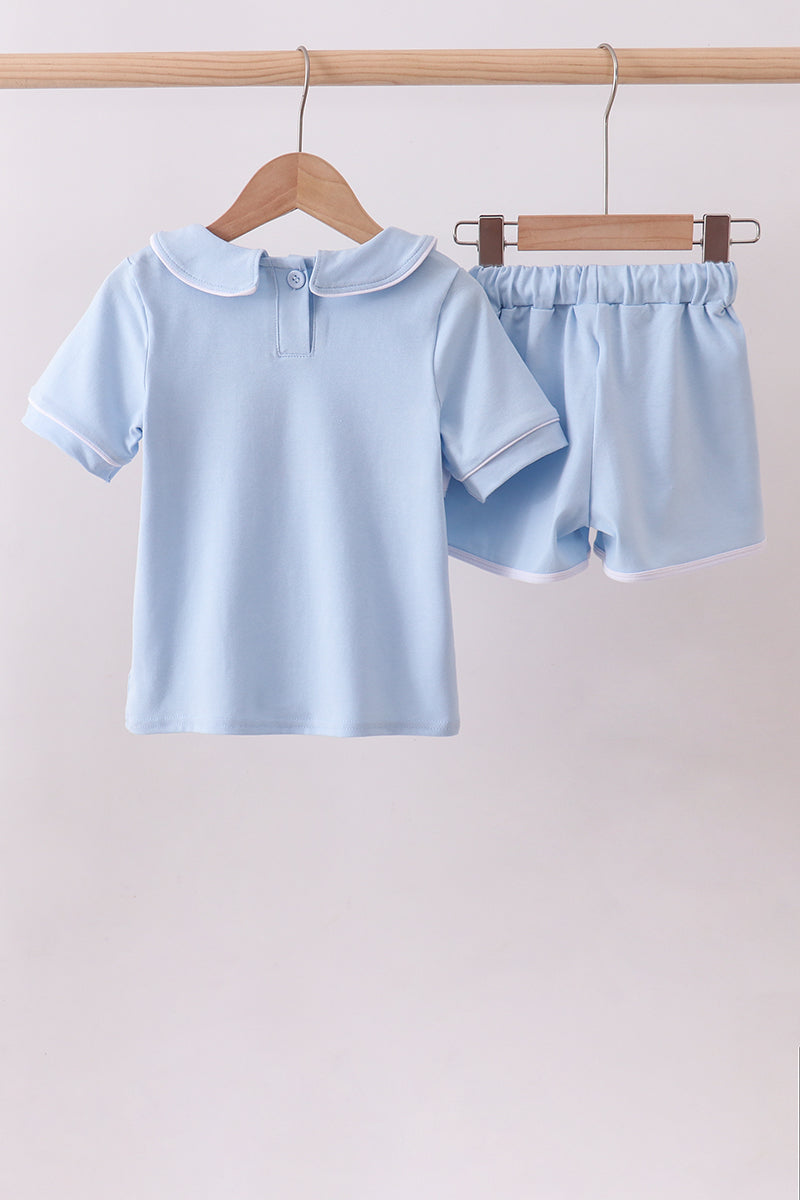 Blue brother embroidery pocket shorts set