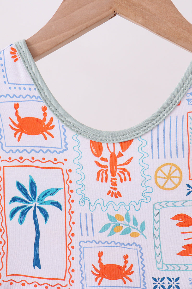 Coconut trees lobsters print bamboo jumpsuit