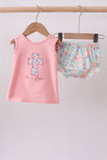 Pink floral cross embroidery ruffle bloomer set