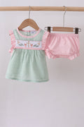Green swiss dot cross sheep ruffle bloomer set