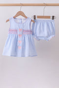 Blue seersucker bow smocked bloomer set