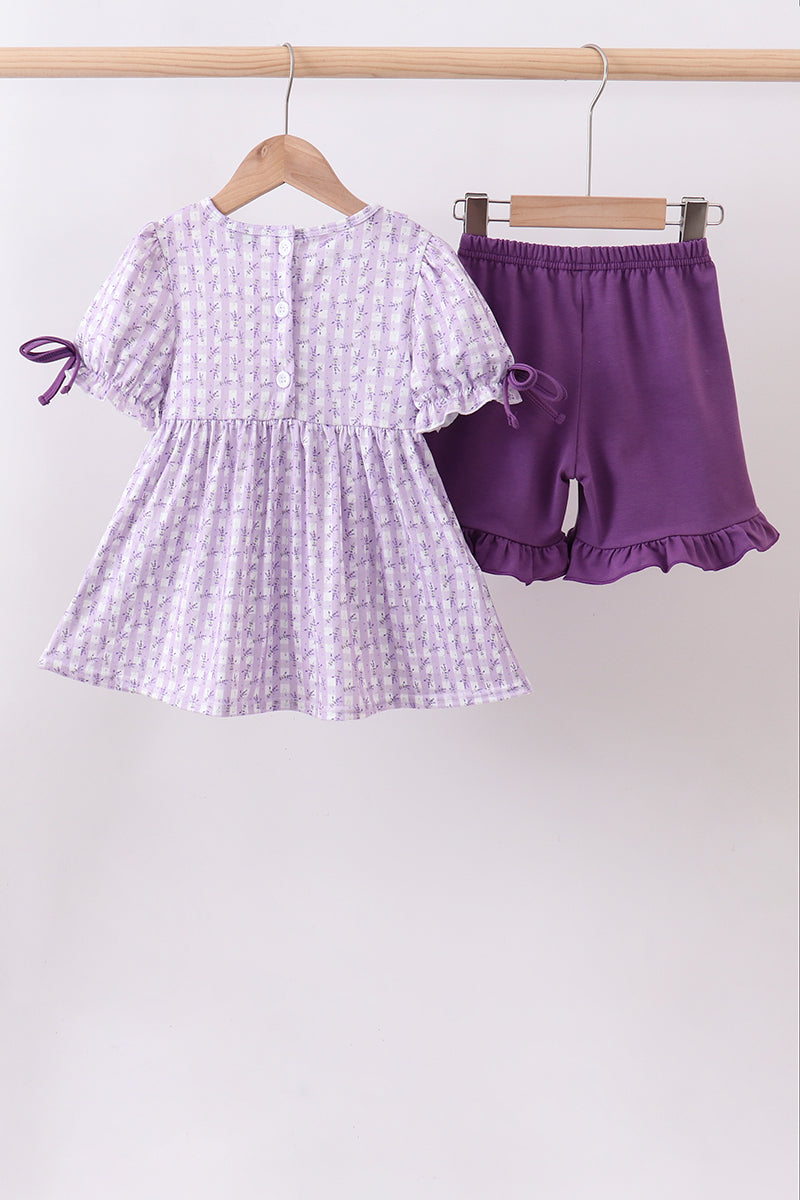 Lavender floral smocked ruffle shorts set