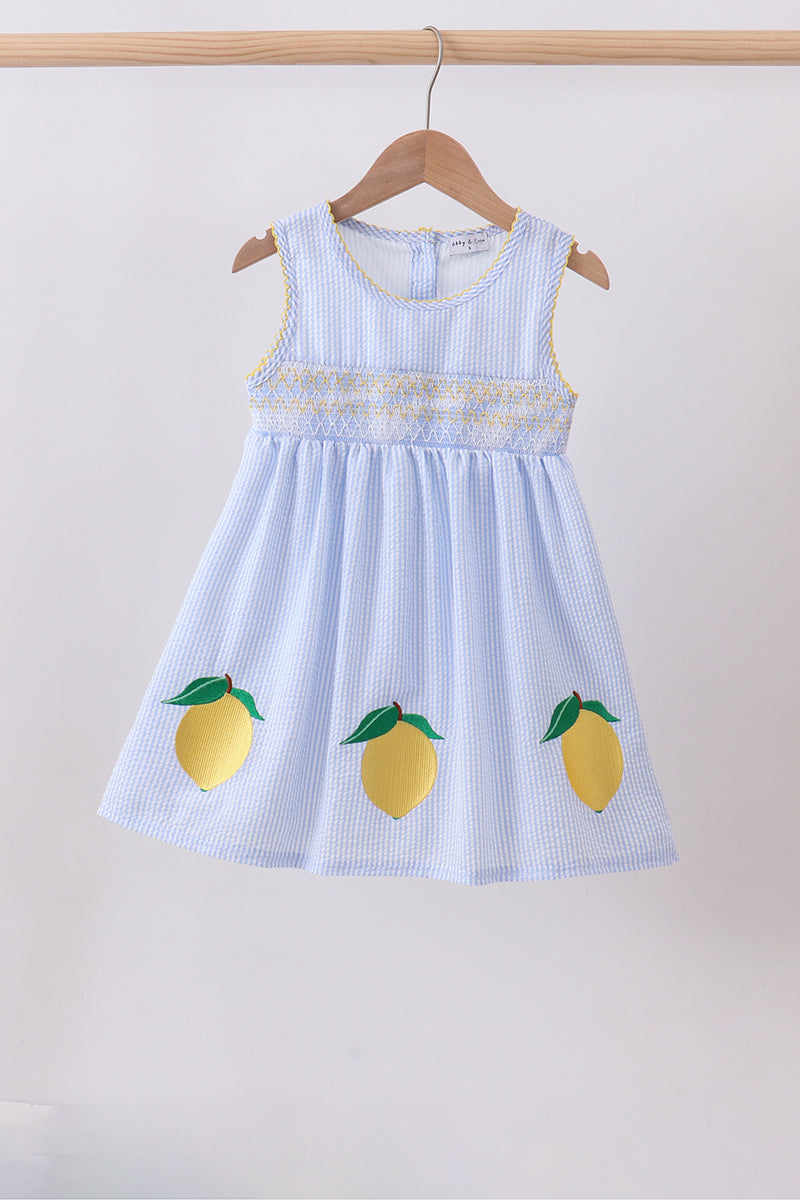 Blue lemon embroidery seersucker dress