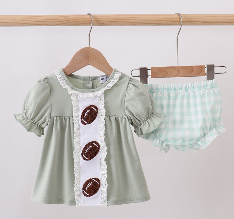 Green football french knot gingham bloomer set