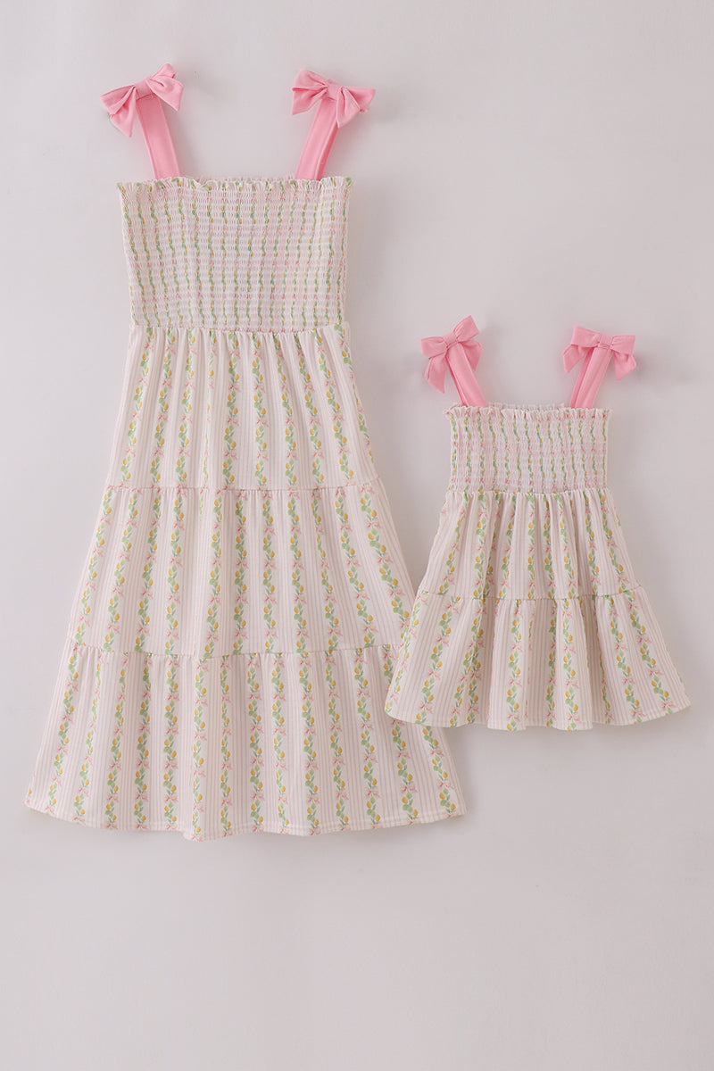 Pink lemon print bow smocked tiered mom&me dress