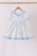 Blue pumpkin embroidery ruffle dress