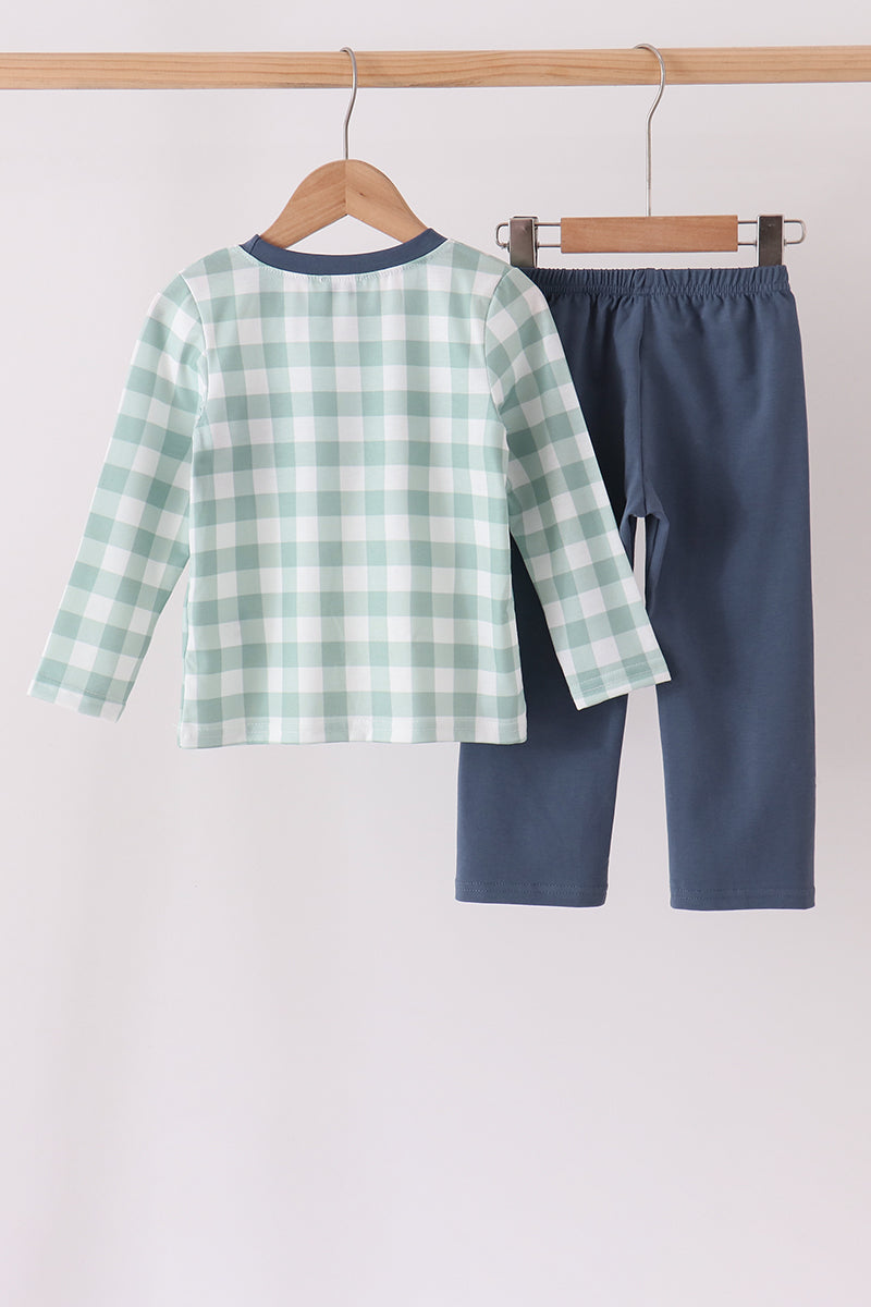 Sage Turkey Embroidery Gingham Pants Set