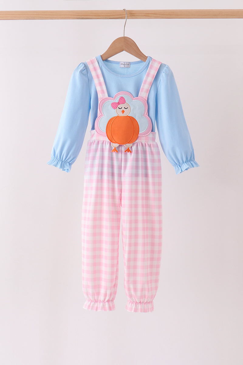 Pink Turkey Embroidery 2pc Jumpsuit Set