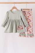Sage Turkey Applique Ruffle Pants Set