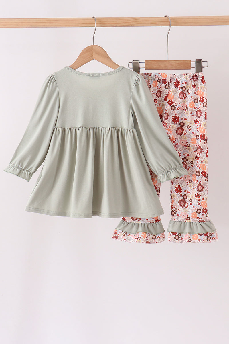 Sage Turkey Applique Ruffle Pants Set