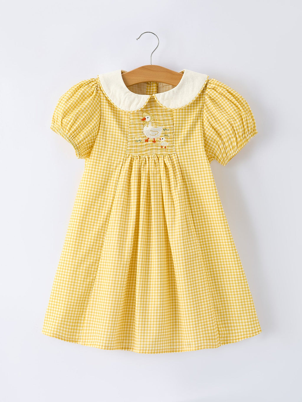 Yellow Goose Embroidered Smocked Plaid Dress