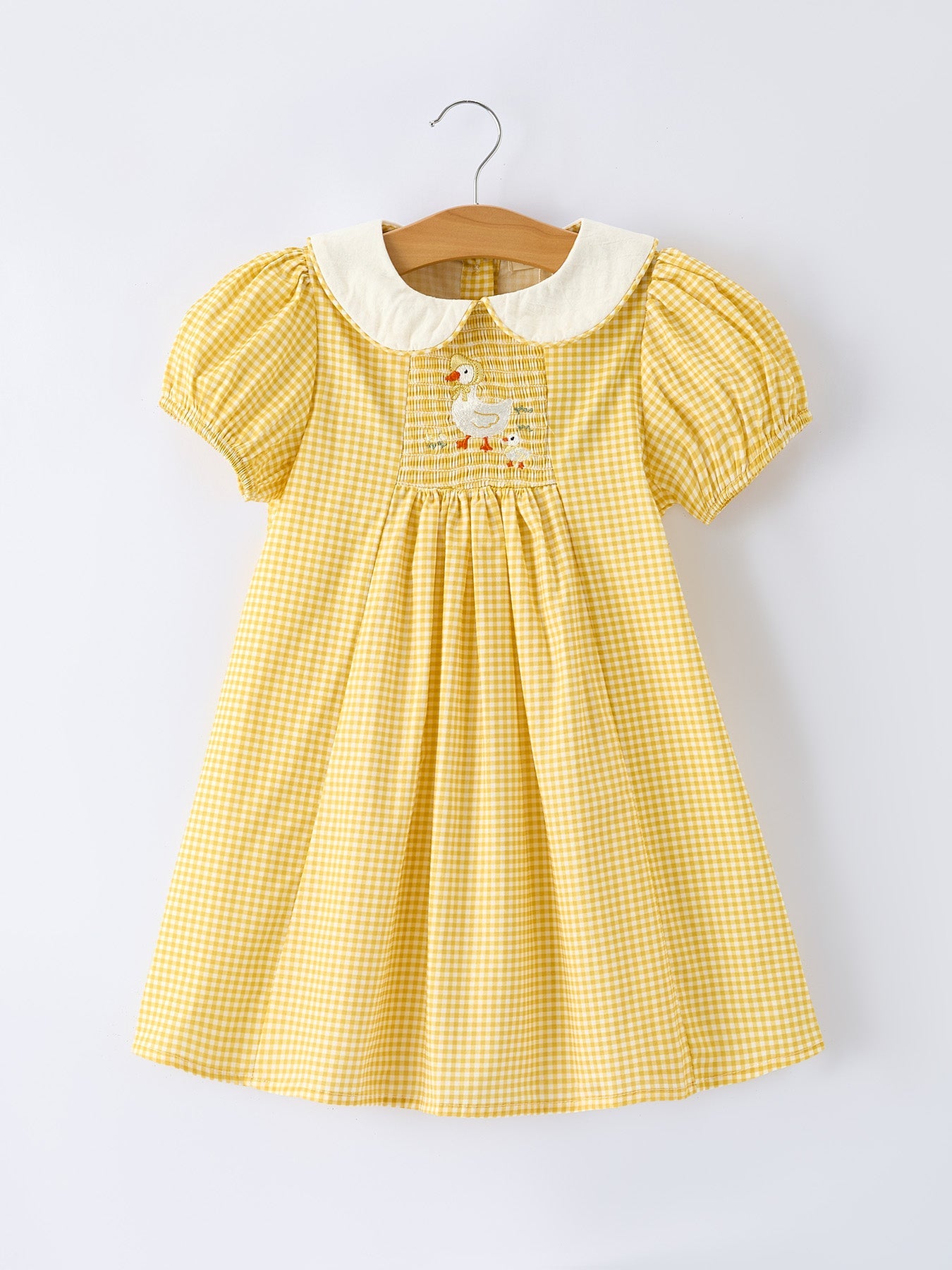 Yellow Goose Embroidered Smocked Plaid Dress