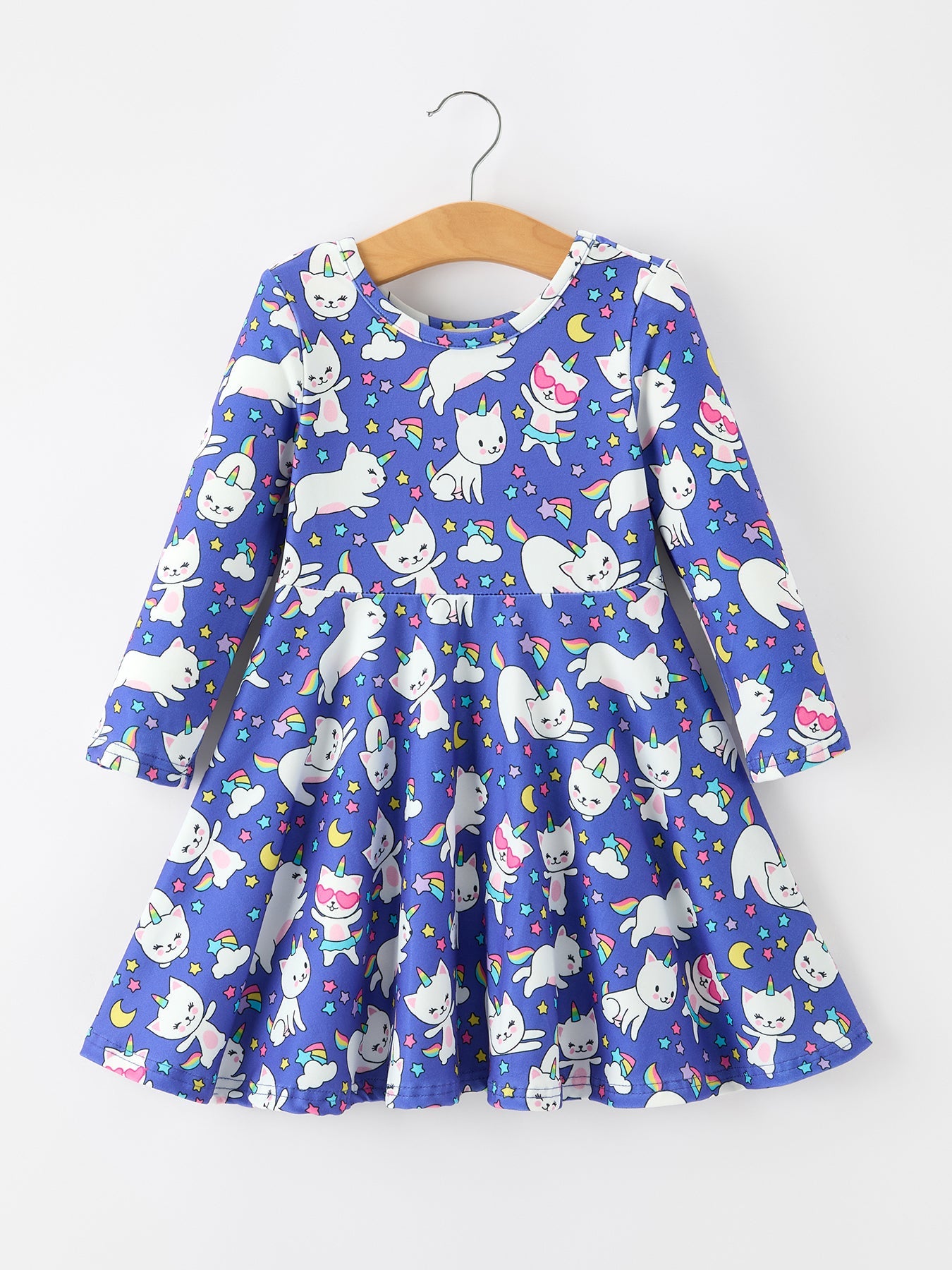Fall Ghost Cat Print Girls Long Sleeve Twirl Dress