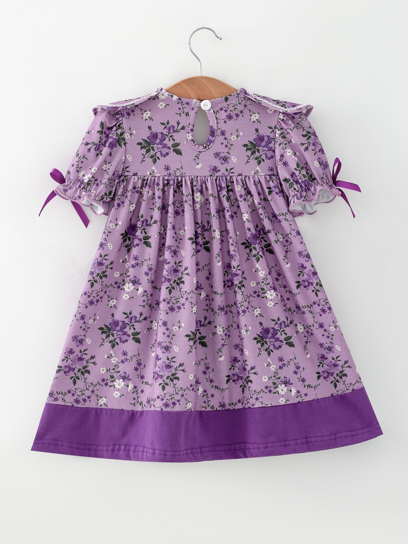 Purple Floral Girls Dress Bow Petal Collar Ruffle Hem Dress