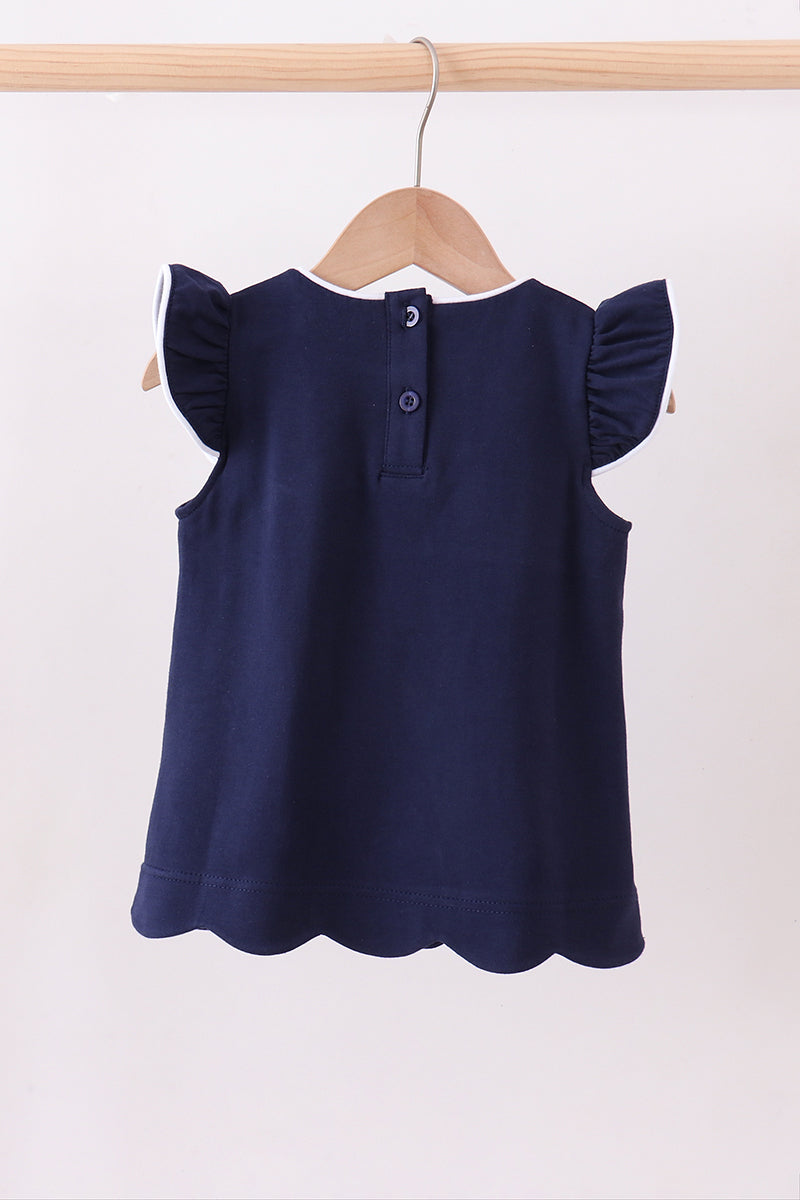 Navy flutter sleeve scalloped top