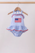 Blue flag applique gingham ruffle one-piece swimsuit
