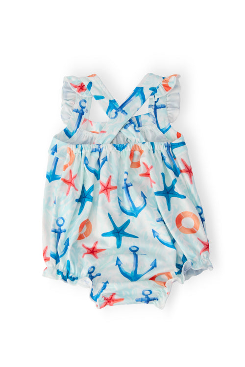 Anchors Away Ruffle Cross Back Romper