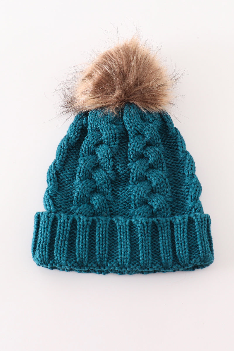 Teal pompom cable beanie hat