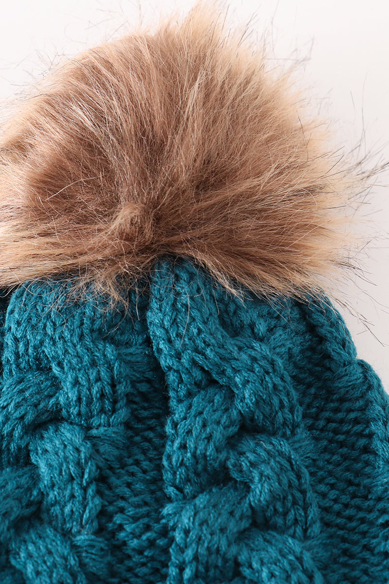 Teal pompom cable beanie hat