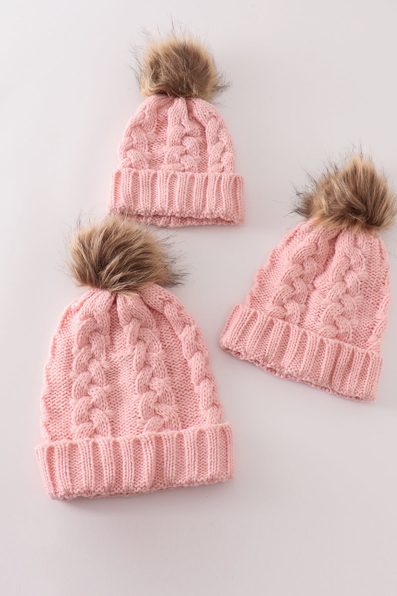 Pink pompom cable beanie hat