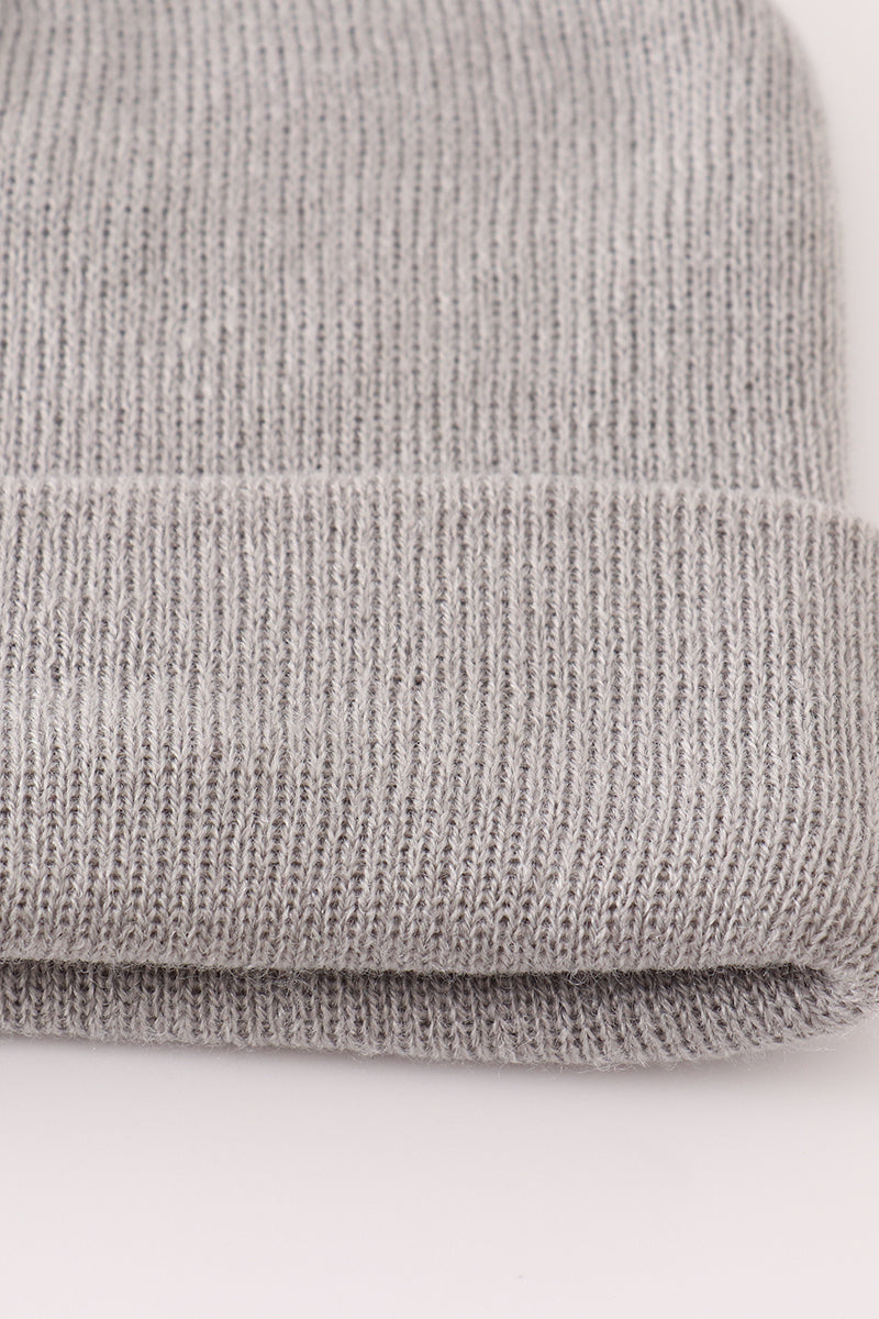 Grey ribbed basic knit beanie hat
