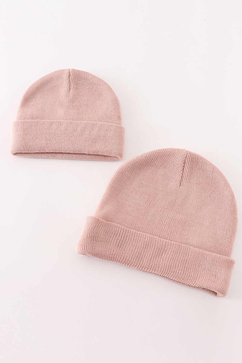Pink ribbed basic knit beanie hat