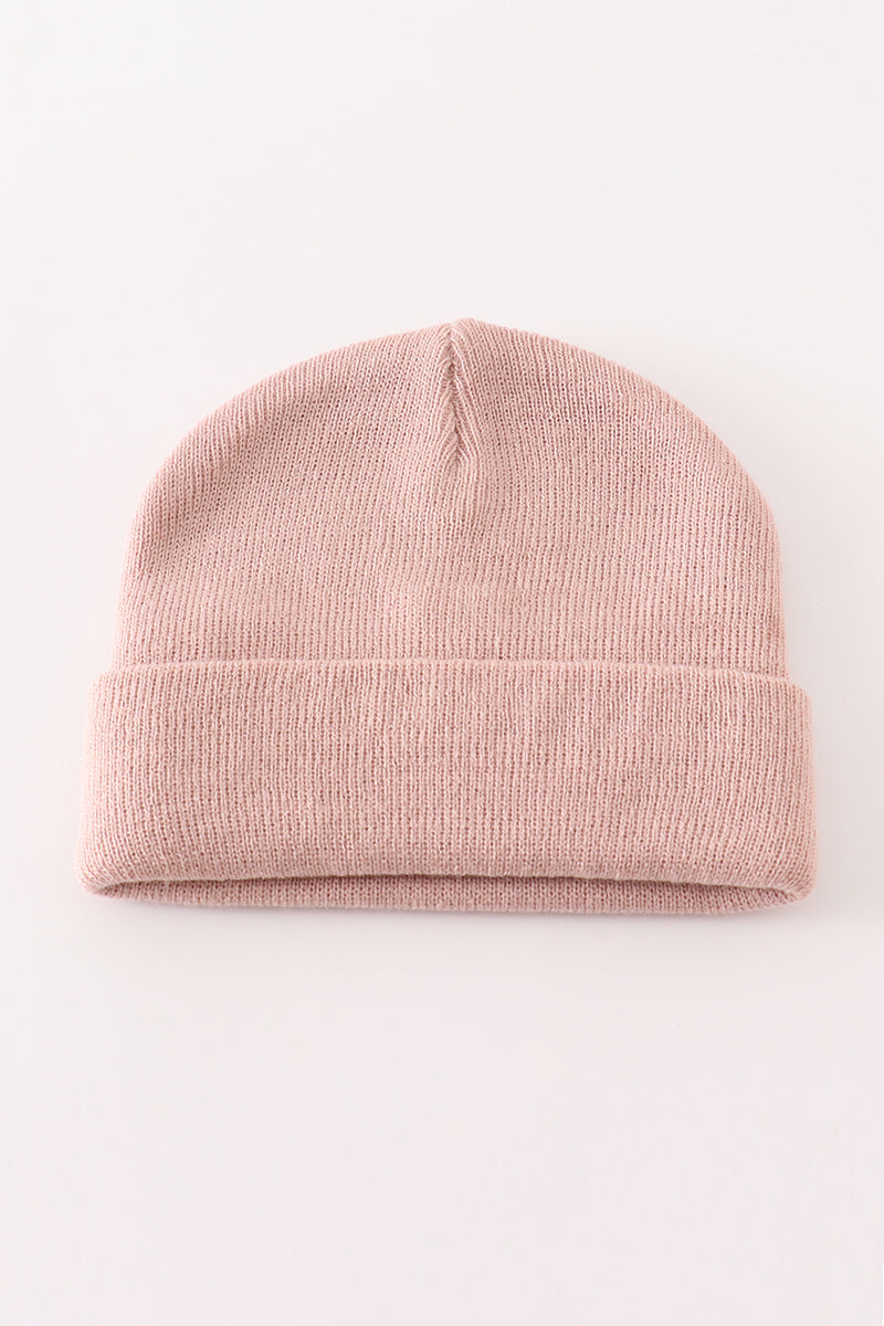 Pink ribbed basic knit beanie hat