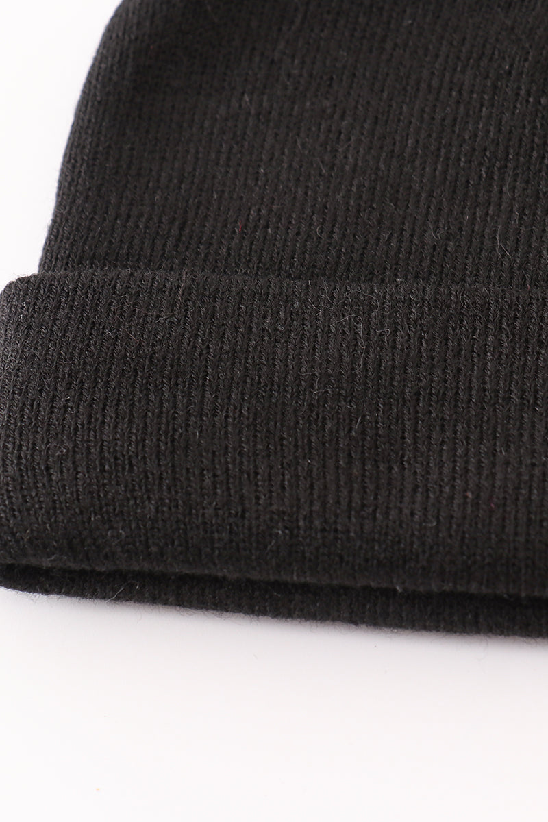 Black ribbed basic knit beanie hat