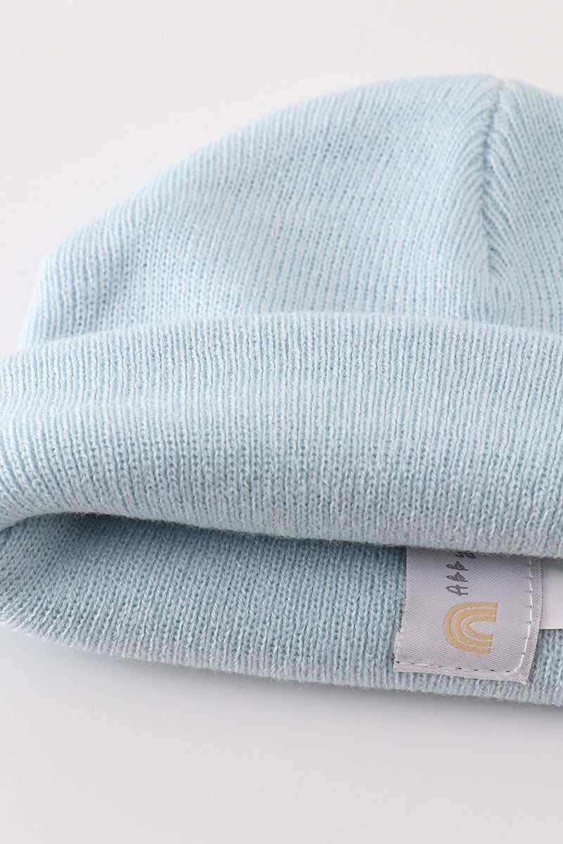 Blue ribbed basic knit beanie hat