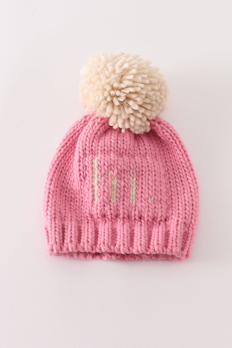 Pink pompom hi cable beanie hat