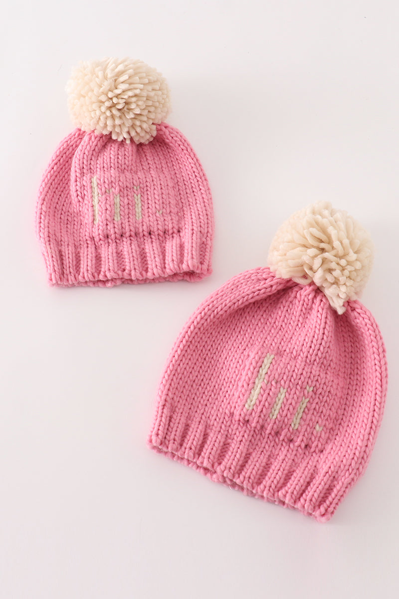 Pink pompom hi cable beanie hat