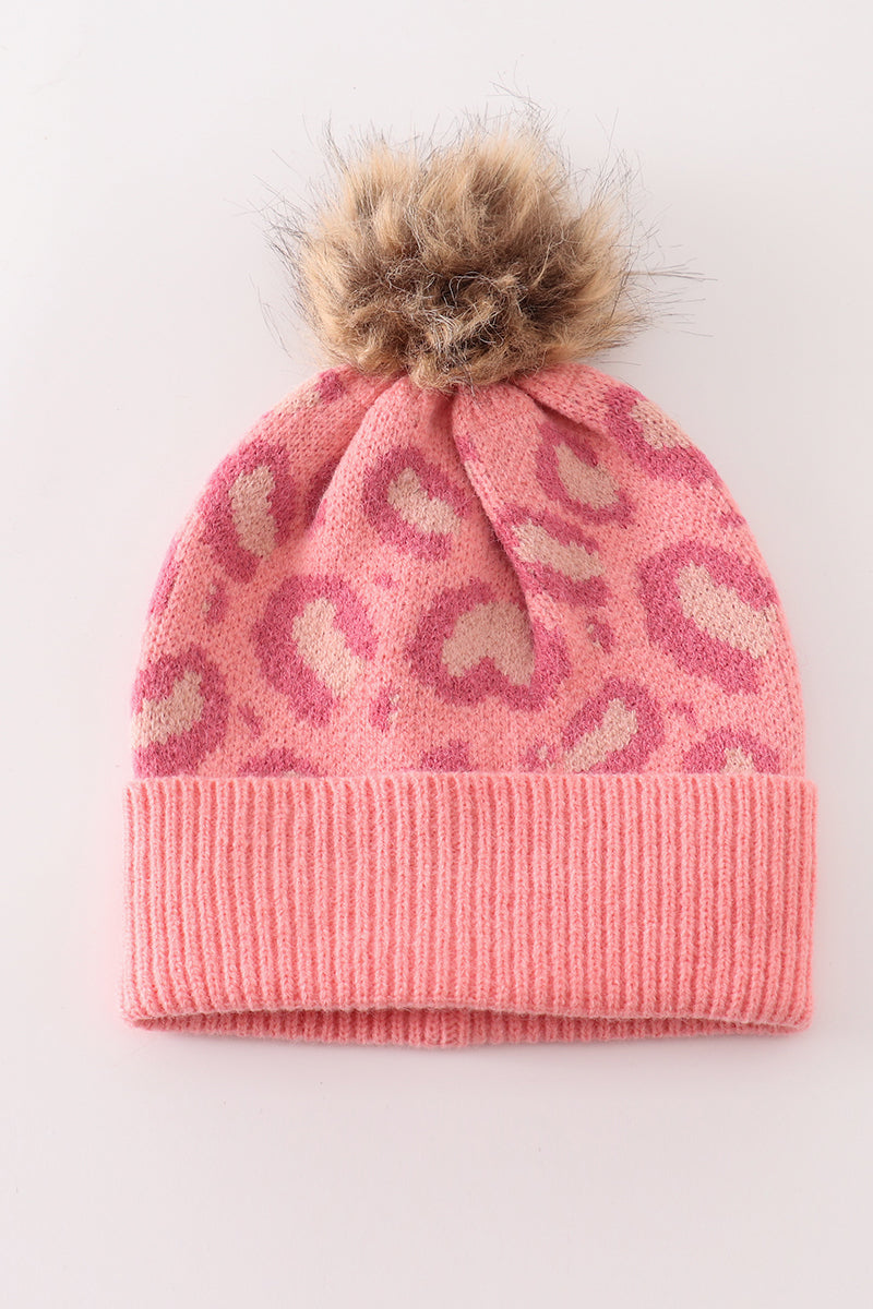 Pink pompom leopard cable beanie hat