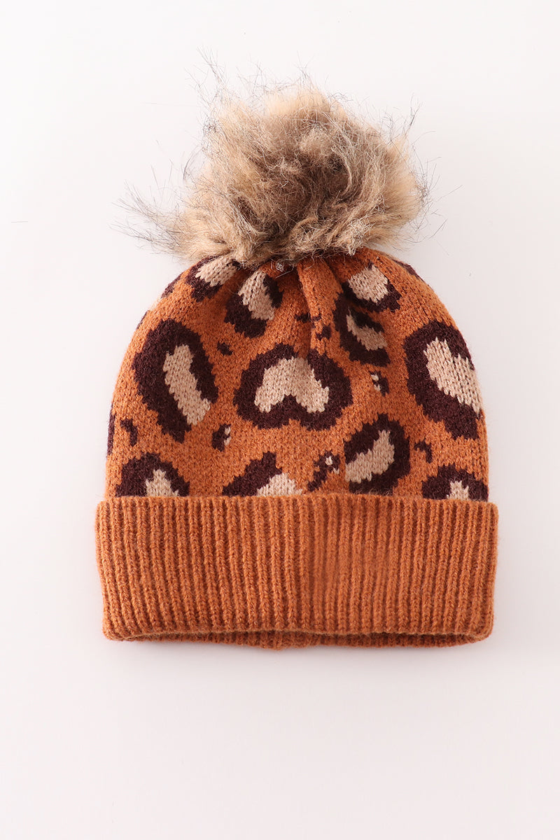Brown pompom leopard cable beanie hat