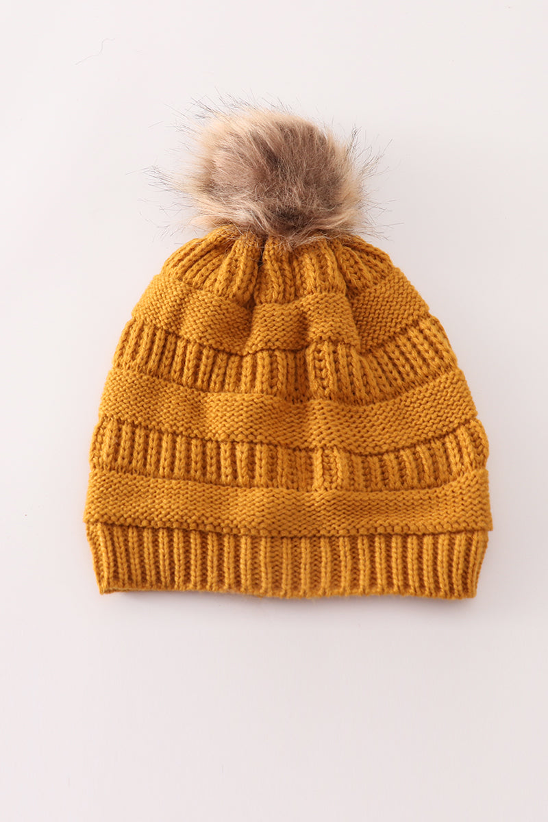 Mustard pompom cable beanie hat