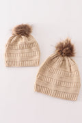 Beige pompom cable beanie hat