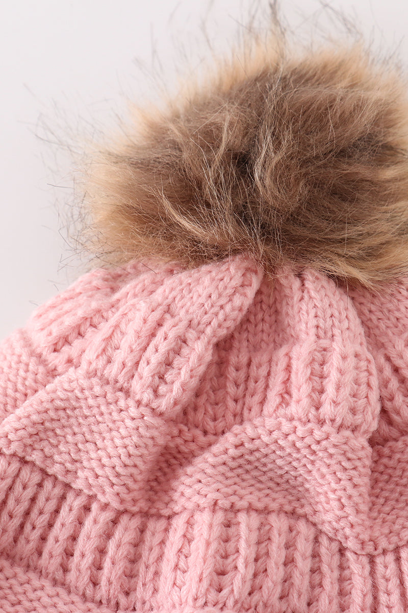 Pink pompom cable beanie hat