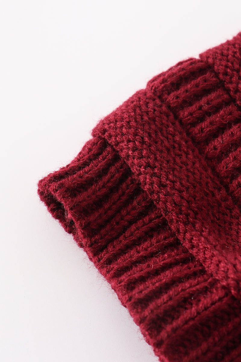 Burgundy pompom cable beanie hat