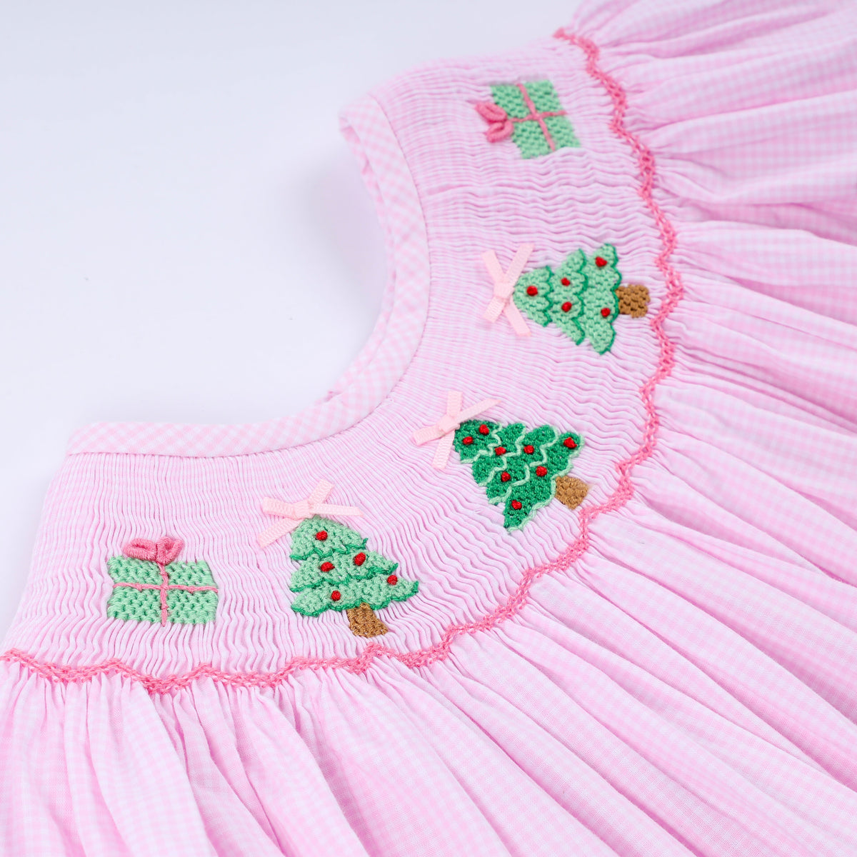 Pink christmas tree hand smocked ruffle pants set