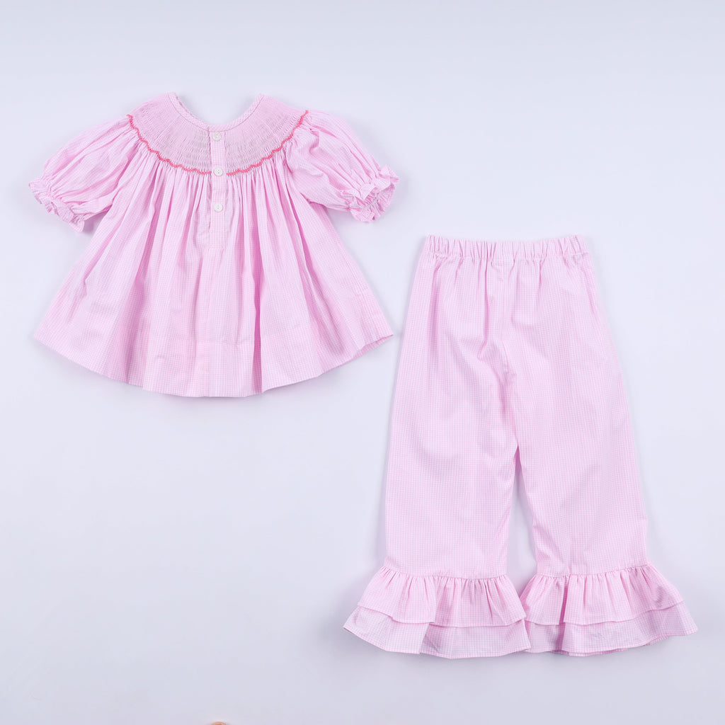 Pink christmas tree hand smocked ruffle pants set
