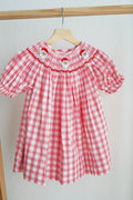 Red christmas santa claus hand smocked plaid dress