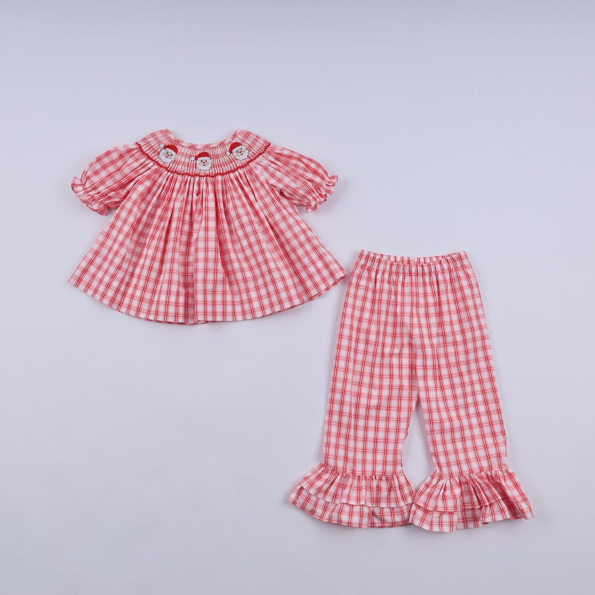 Red christmas santa claus hand smocked plaid ruffle pants set