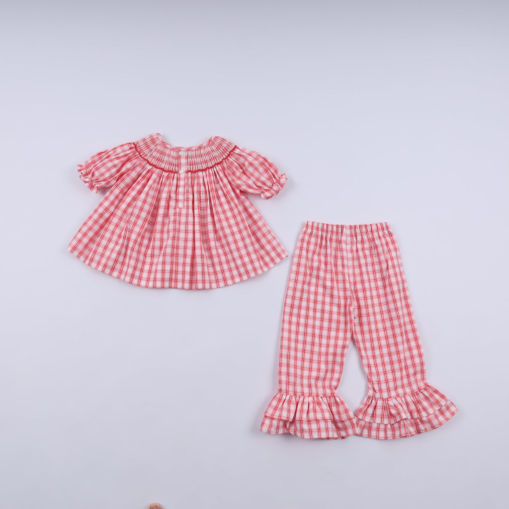 Red christmas santa claus hand smocked plaid ruffle pants set