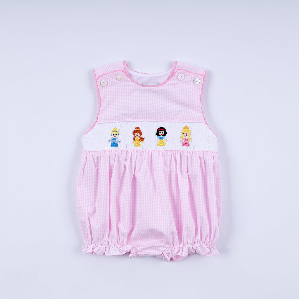 Pink princess hand smocked plaid bubble