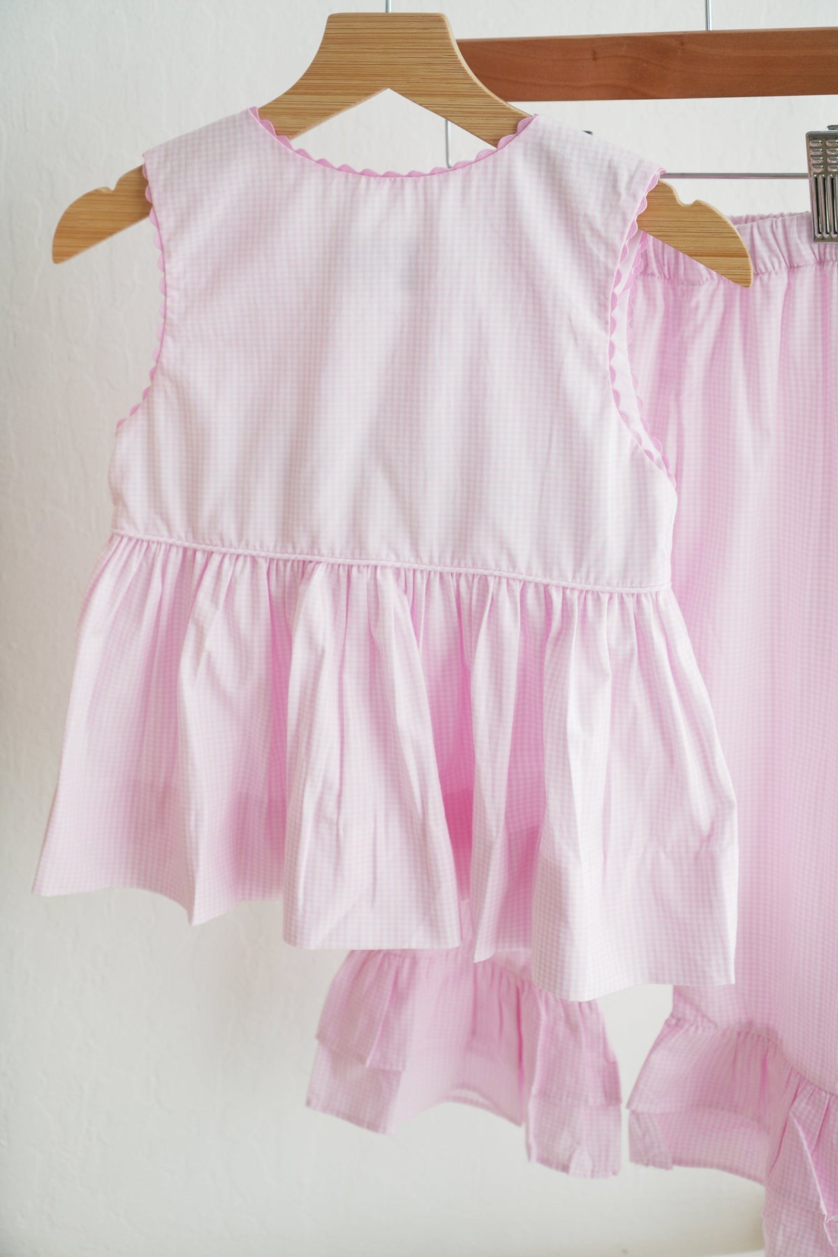 Pink princess hand smocked plaid ruffle pants set