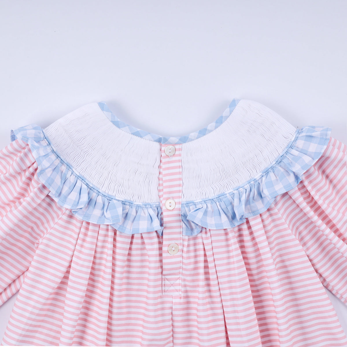 Pink candy cane bow hand smocked ruffle dress